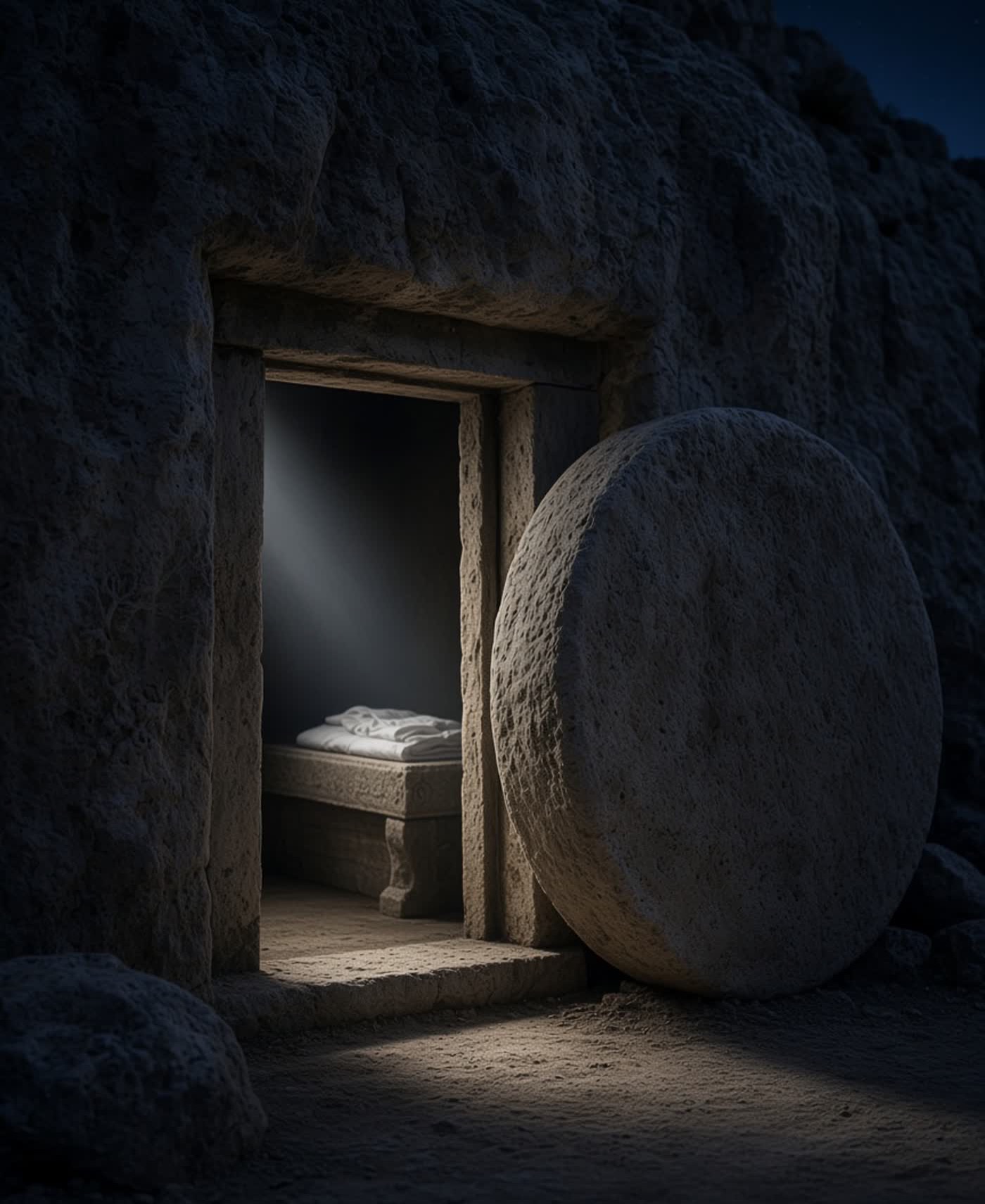 Night. A great round stone stands rolled back from a doorway cut in dark rock, and pale light falls through the open door onto grave clothes lying folded on a stone ledge inside the empty tomb.